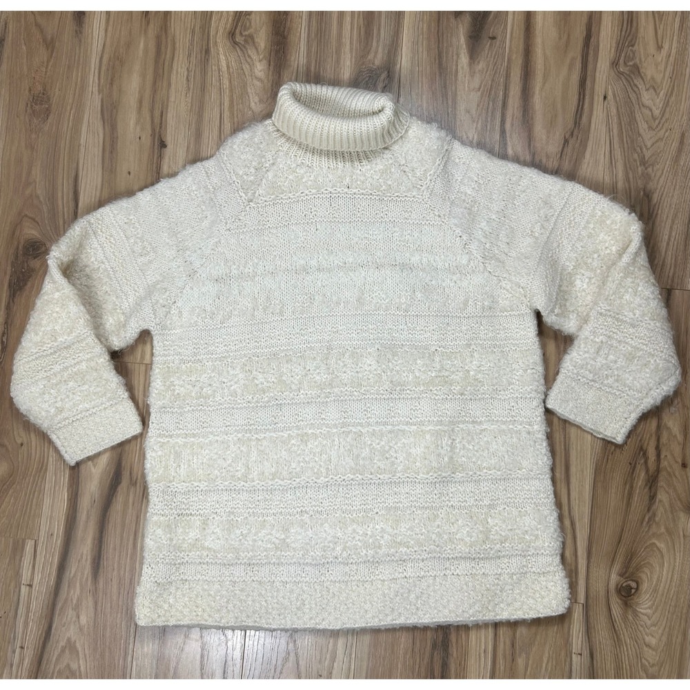 VTG 90s Jones New York Turtleneck Sweater Women's M Cream Wool Mohair Hand Knit